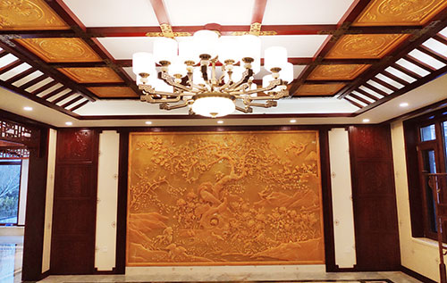 三乡镇中式别墅客厅中式木作横梁吊顶装饰展示